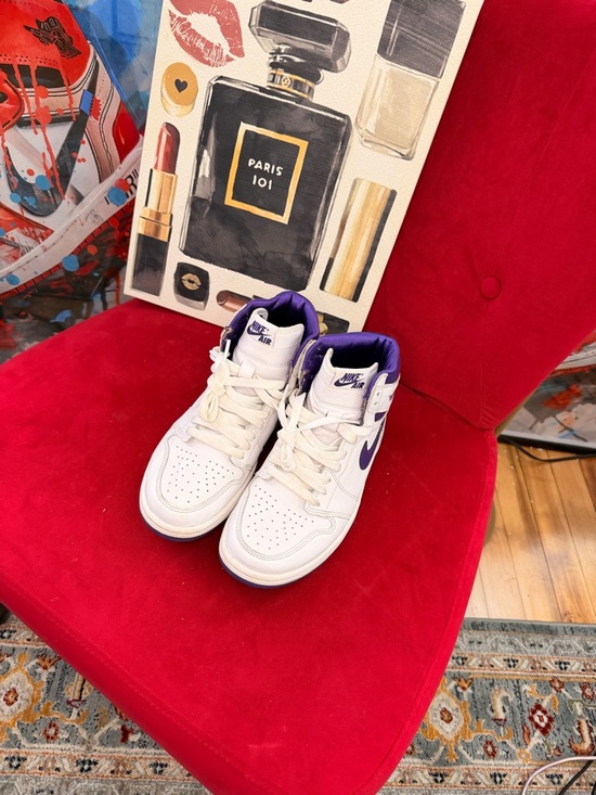 Jordan Shoes - Jordan 1 Women’s High-Top Sneakers in White and Purple